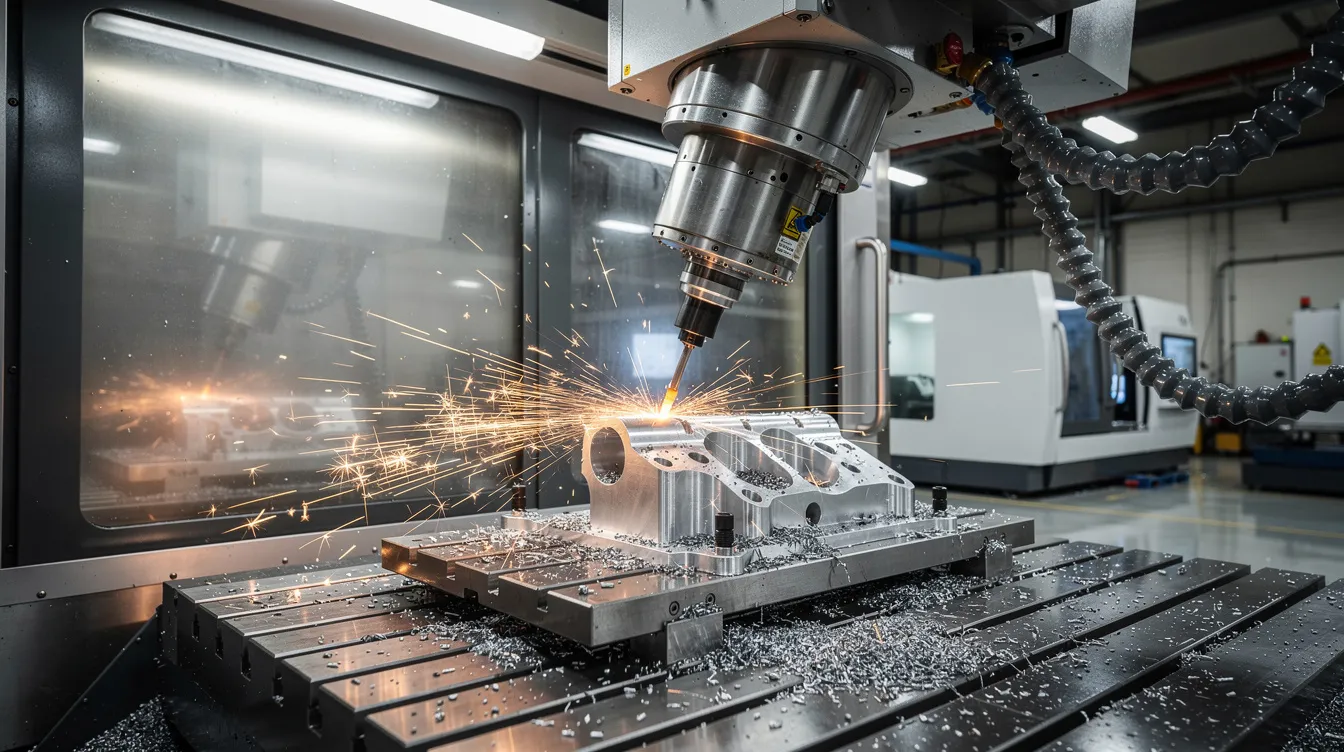 A modern CNC machining center is shown with a 5-axis spindle actively cutting an aluminum aerospace bracket in a bright factory setting, highlighting the advanced CNC machines used for precision machining. The environment reflects advanced manufacturing processes, typical of leading CNC machining companies in China.