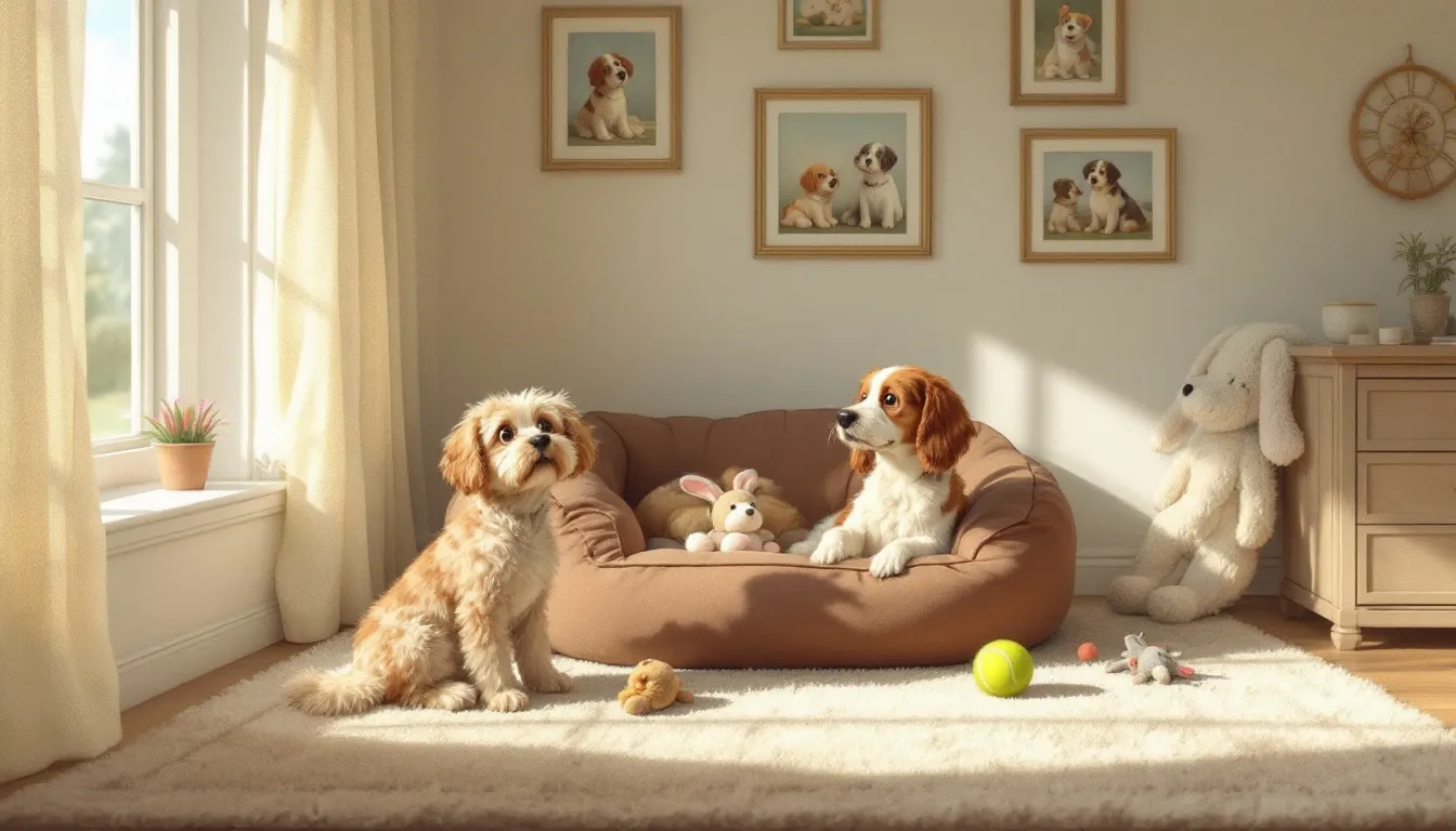 A safe space for a rescue dog with a comfortable bed and toys.