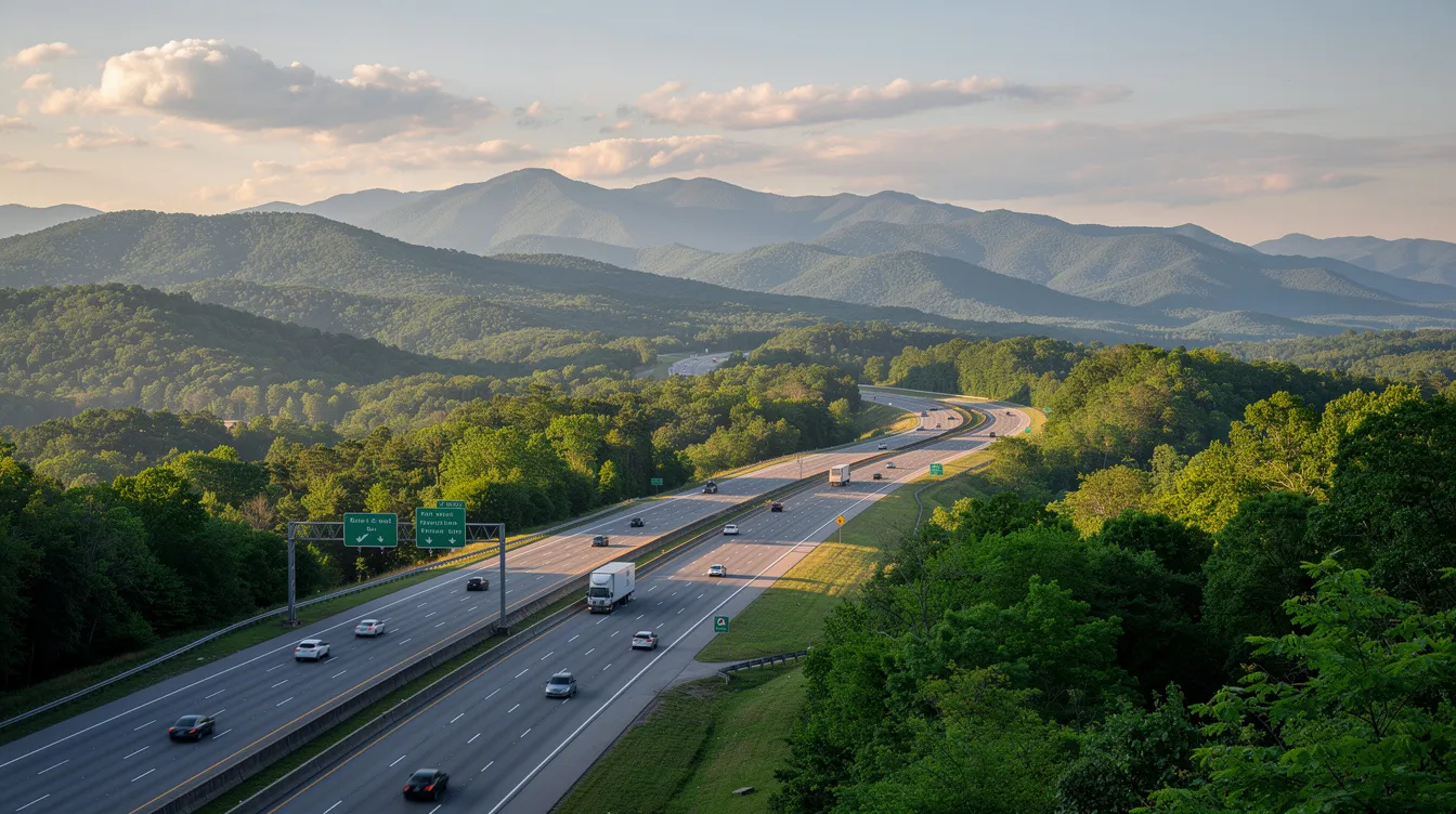 The image depicts a North Carolina interstate highway surrounded by majestic mountains, showcasing a scenic route ideal for auto transport. This picturesque backdrop highlights the beauty of North Carolina, making it a popular choice for vehicle transport services and car shipping companies.