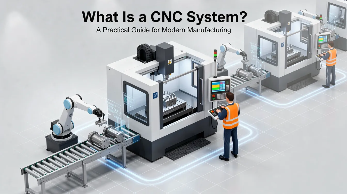 The image illustrates a CNC system in a modern manufacturing setting, showcasing various CNC machines such as CNC mills and CNC lathes, which utilize computer numerical control and cutting tools for high precision machining processes. The background features computer-aided design (CAD) software and CNC programming interfaces, highlighting the integration of technology in the manufacturing sector.