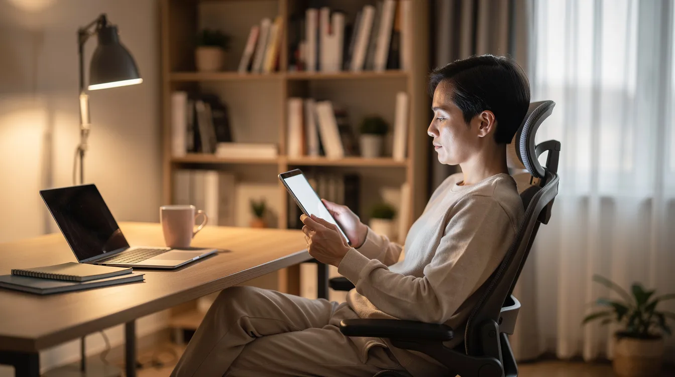 A person is sitting in a cozy home office, using a tablet computer to manage their estate planning documents and legal matters. The warm atmosphere suggests a focus on family relationships and the importance of proper planning for loved one's estates.