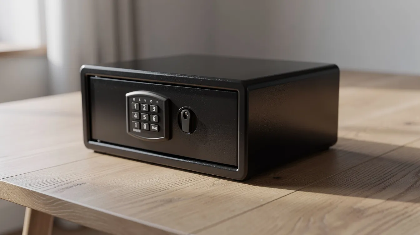 The image features a locked firearm storage box placed on a clean wooden table, emphasizing the importance of safe storage practices in accordance with South Dakota gun laws. This secure box is essential for concealed carry permit holders to prevent unauthorized access and ensure responsible firearm ownership.