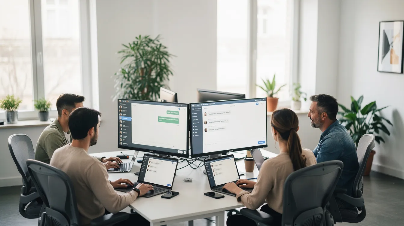 Une équipe de PME est réunie devant des ordinateurs, travaillant sur la création d'un chatbot avec une interface de chat ouverte, illustrant l'importance de l'intelligence artificielle dans l'amélioration de l'expérience utilisateur. Les membres échangent des idées sur les fonctionnalités et la mise en œuvre de solutions pour le service client.