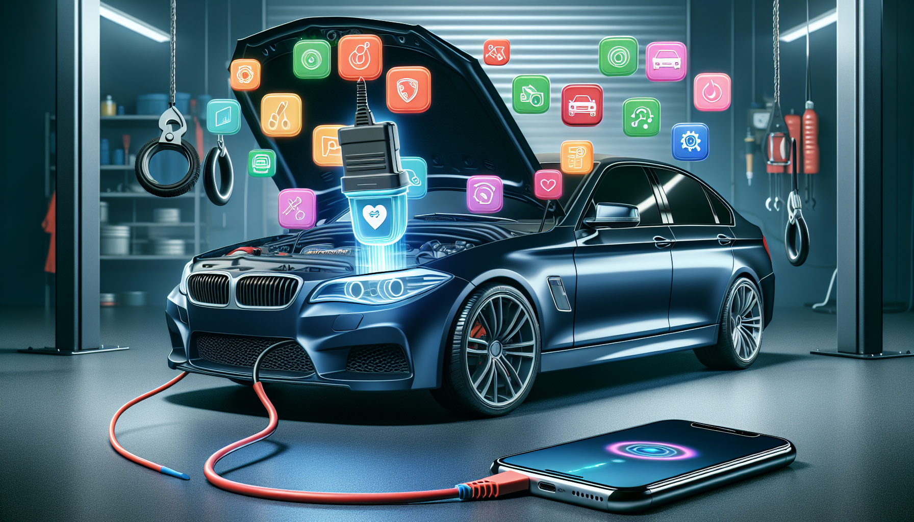 Illustration eines Fahrzeugs mit OBD2-Scanner und App-Symbole