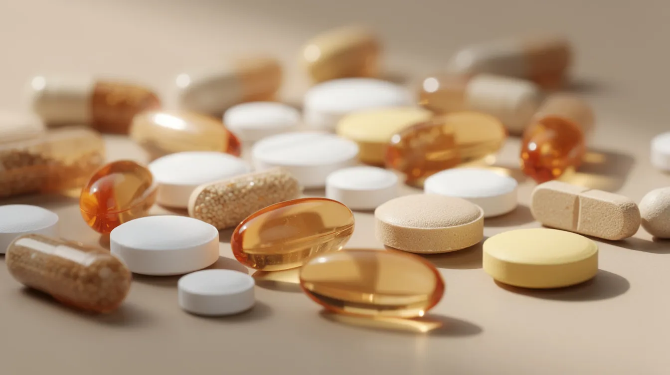 The image features a close-up view of various supplement capsules and tablets arranged aesthetically, illuminated by warm natural light. These joint health supplements, including glucosamine and chondroitin, represent potential benefits for easing joint pain and supporting overall joint function, particularly for those dealing with knee osteoarthritis and arthritis pain.