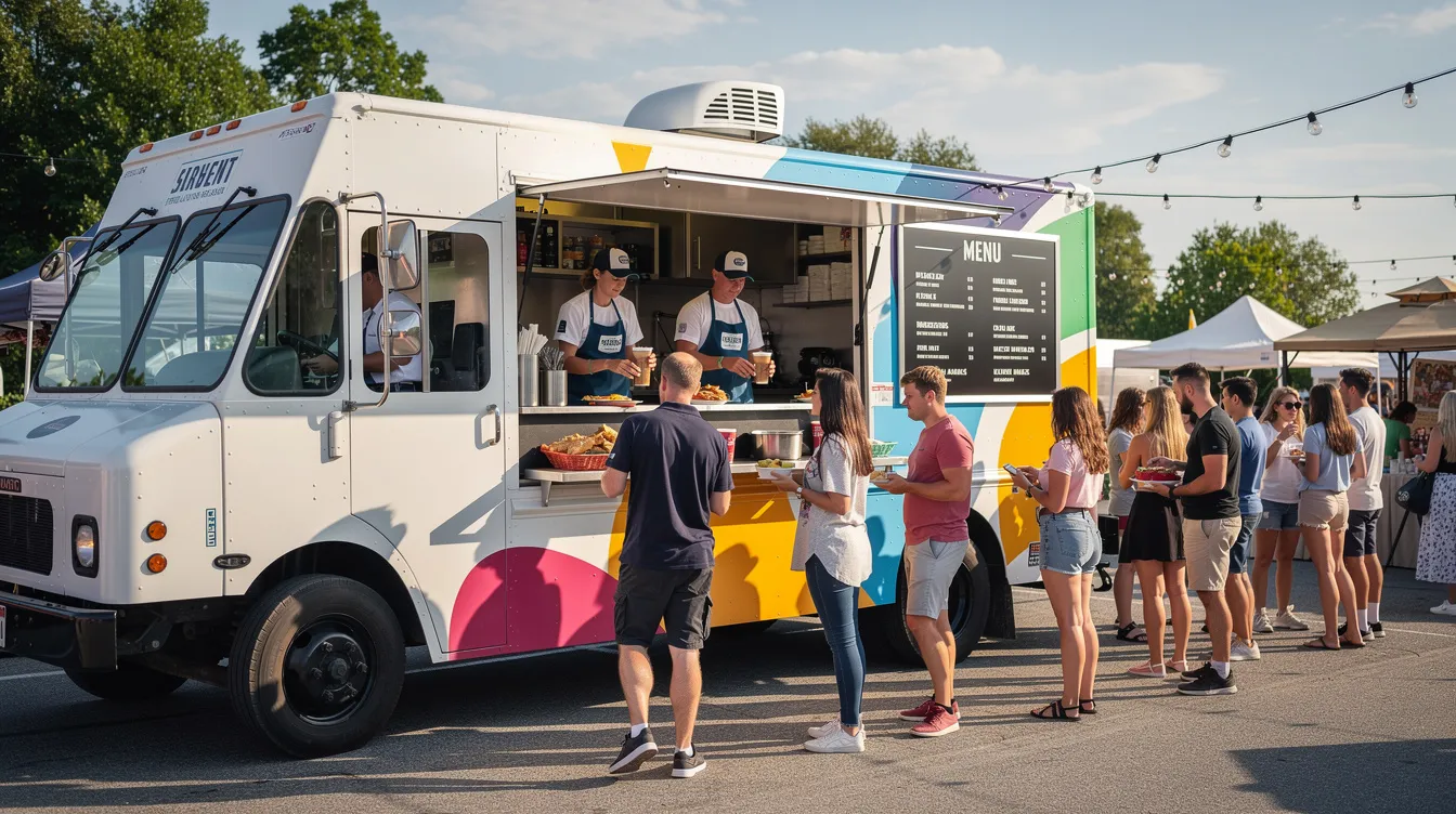 A modern food truck is bustling at an outdoor event, with a line of loyal customers eagerly waiting to place their orders. The vibrant atmosphere showcases the success of small businesses that thrive on excellent customer service and community engagement.