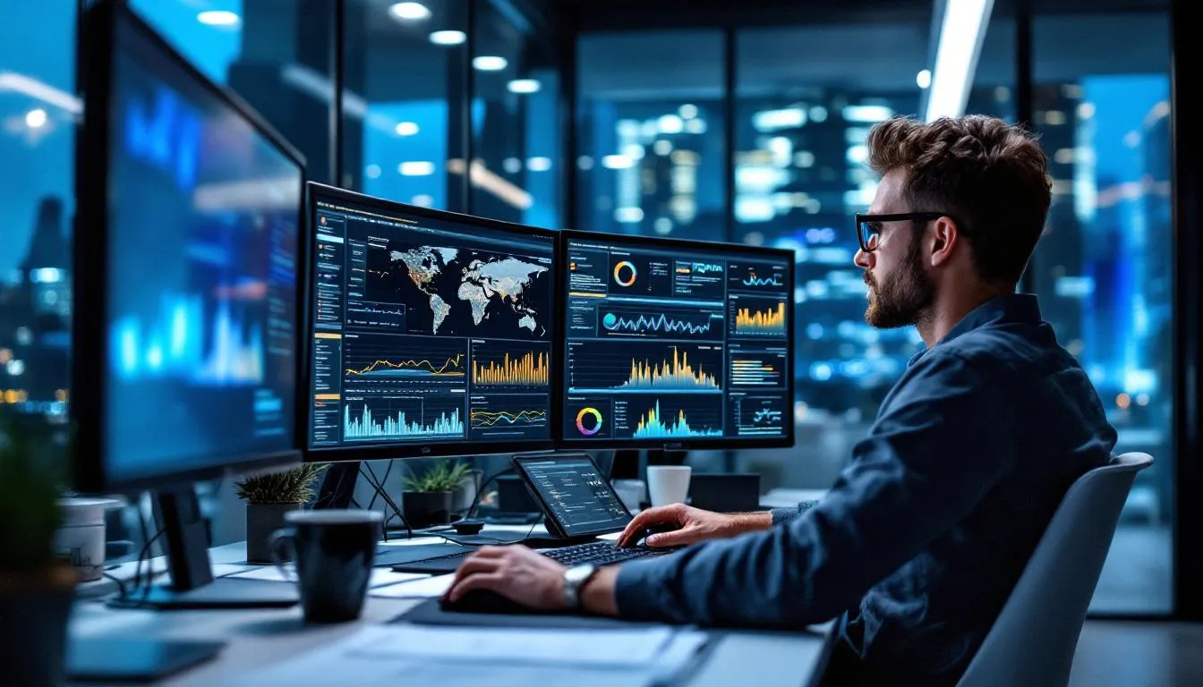 The image depicts a digital workspace showcasing an enhanced analysis of data, with charts and graphs illustrating key insights for affiliate marketers. Various AI tools are highlighted, emphasizing their role in optimizing affiliate marketing efforts and improving content creation processes.