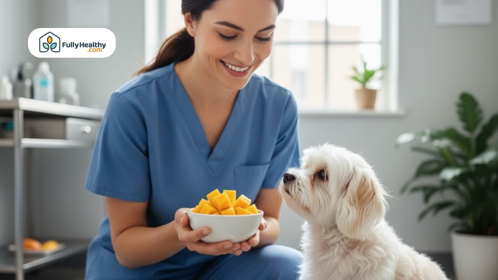 Woman in scrubs holding mango bowl while dog looks up curiously