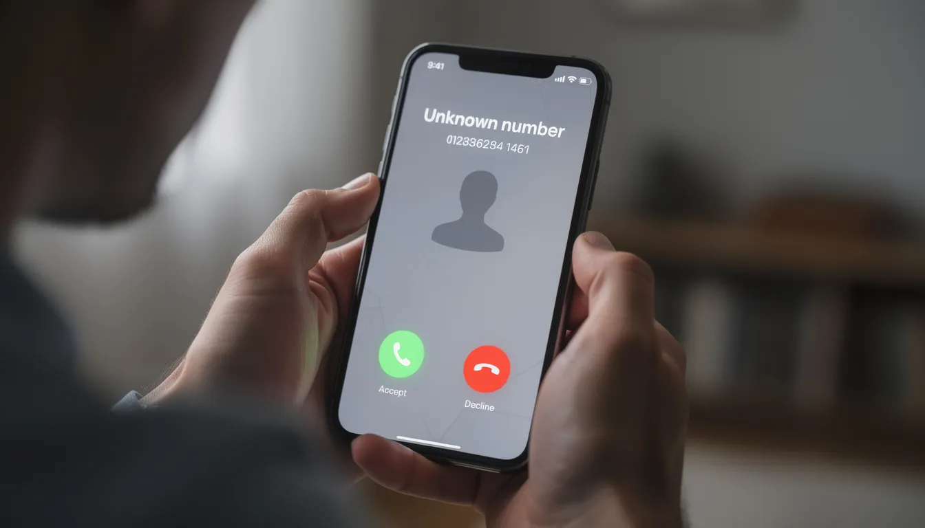 A person's hands are holding a smartphone that shows an incoming call from an unknown number, raising concerns about potential scams, including those related to cryptocurrency ATMs and fraudulent transactions. This image serves as a reminder to stay informed and vigilant against crypto ATM scams that could involve significant financial losses.