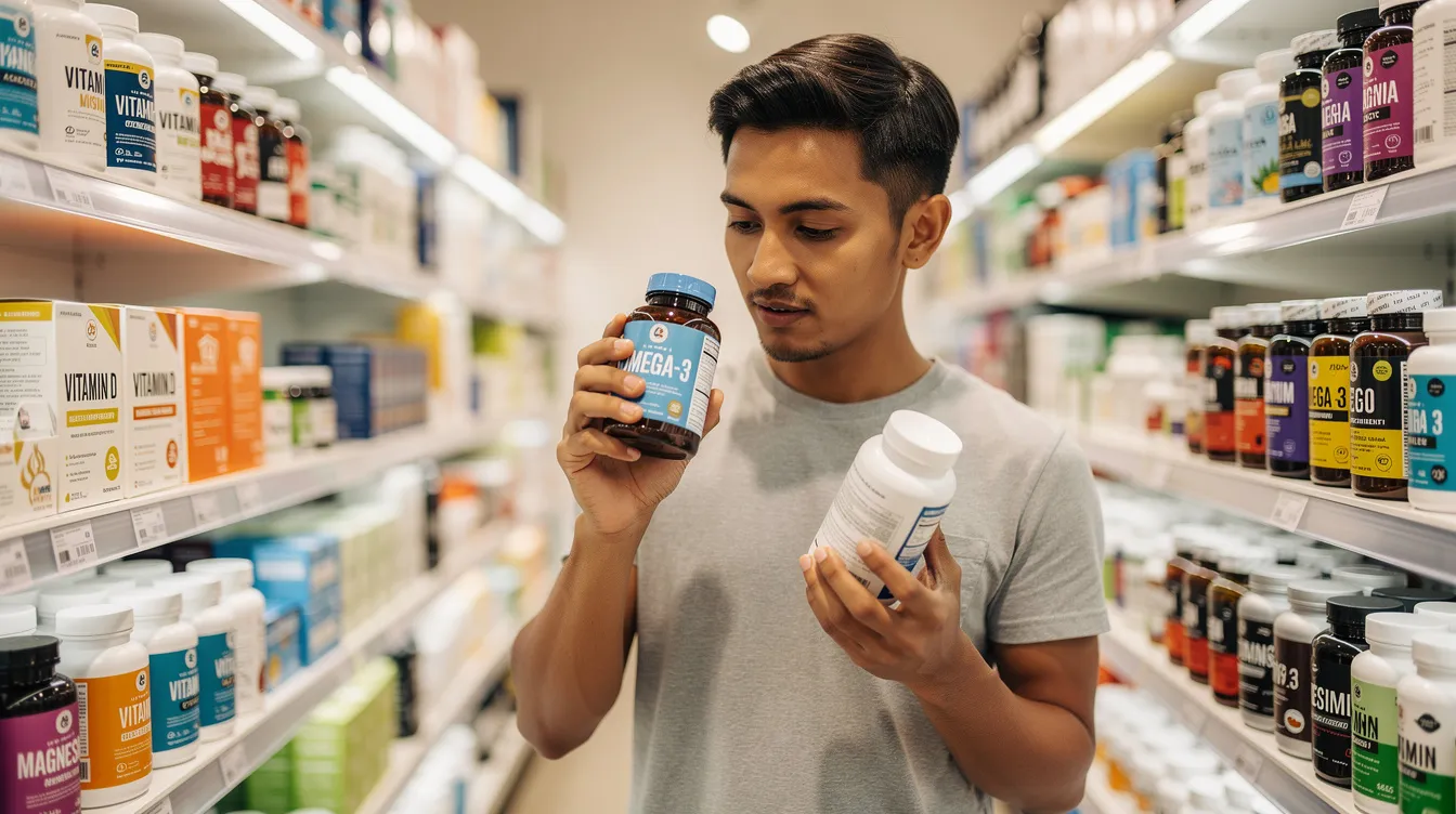 A person is seen in a store, intently reading supplement labels and comparing various products, likely looking for options that support healthy aging and cellular health. The scene emphasizes the importance of informed choices in supplements, potentially including NAD precursors and NMN supplements for energy production and overall wellness.