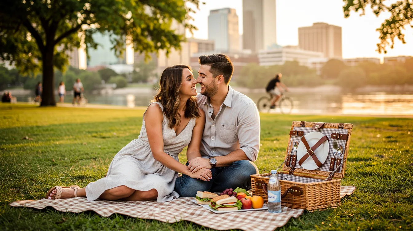 A couple enjoys a romantic picnic date by Lady Bird Lake in Austin, TX, surrounded by the city's stunning skyline and the warm glow of the sunset. They share snacks and drinks, creating a sweet atmosphere perfect for bonding and laughter amidst the vibrant community.