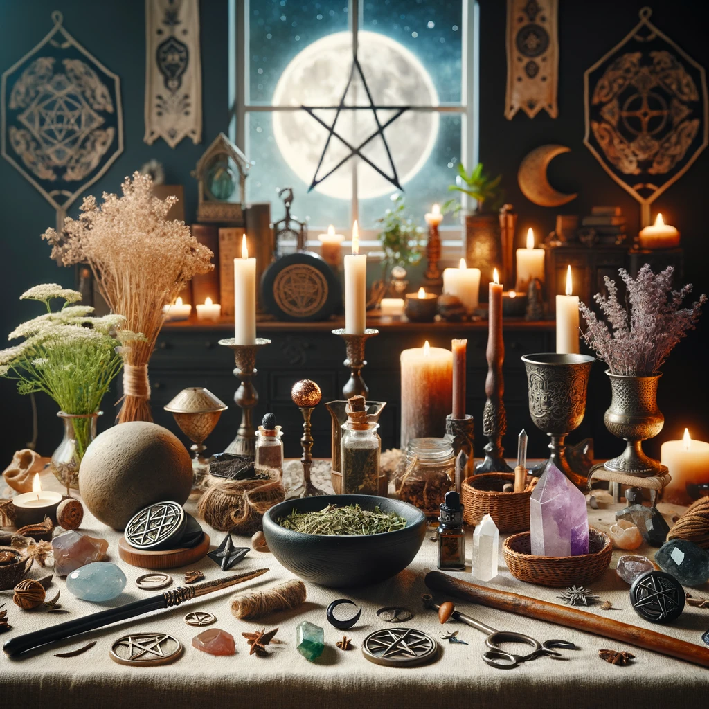 An altar with an array of herbs, crystals, candles, a wand, an athame, a chalice, and a pentagram in a mystical setting