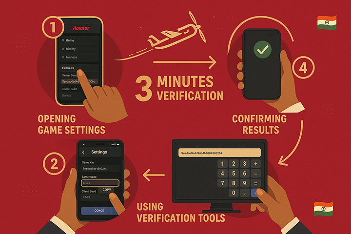 Step-by-step visual guide showing Indian players how to verify Aviator game fairness using mobile devices