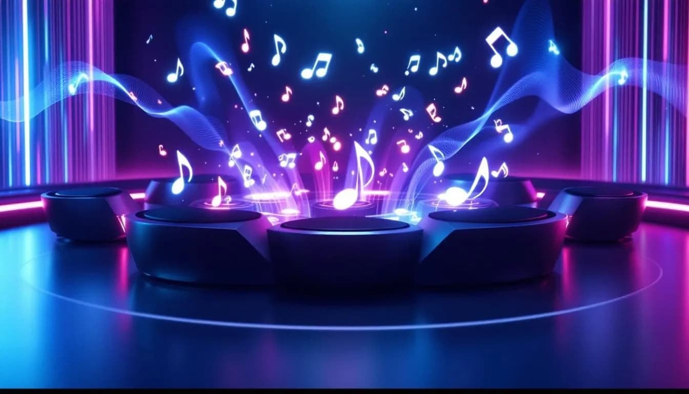 Eine Auswahl an Quellen für Dolby Atmos Testtöne, dargestellt durch Lautsprecher und Musiknoten.