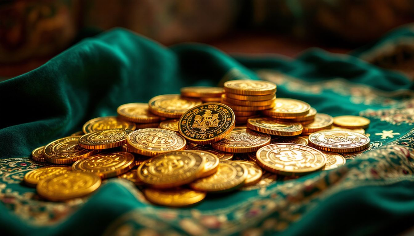 An assortment of Mexican gold coins displayed on a velvet cloth, showcasing their intricate designs.