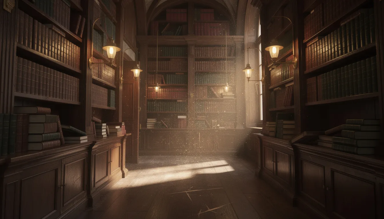 Wnętrze starej biblioteki z drewnianymi półkami, na których znajdują się skórzane oprawy starych książek, tworzy atmosferę ciszy i tajemnicy. Ciemne drewno półek kontrastuje z delikatnym zapachem książek, przypominającym nuty zapachowe perfum bibliothèque.