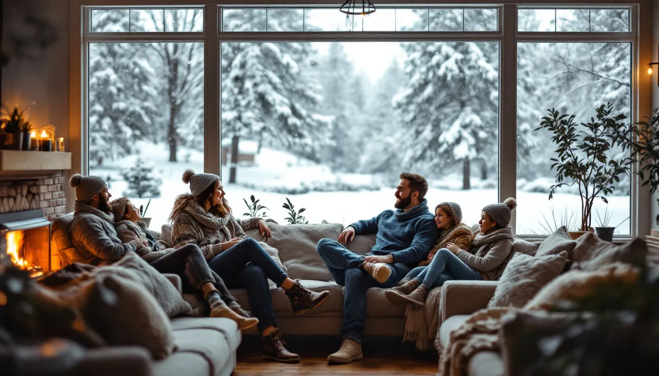 Une famille se détend dans leur solarium 4 saisons, profitant de la lumière naturelle tout en admirant la neige qui recouvre le paysage extérieur. Cet espace chaleureux, construit avec des matériaux de qualité, offre une vue agréable sur l'hiver tout en étant un choix idéal pour la vie à la maison.