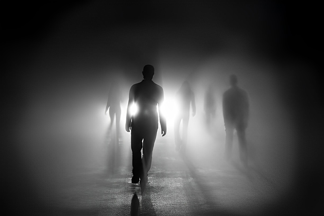 A photo of 5 people walking into the light with shadows