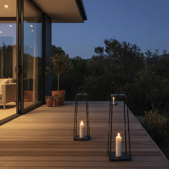 Industrial outdoor lantern lighting with black metal frames and candle-style lights on a wooden deck.