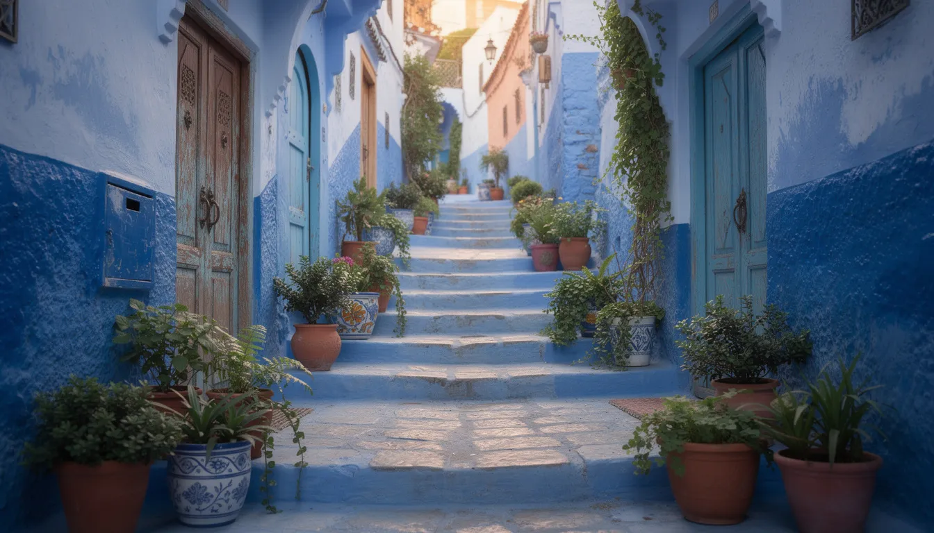 The image depicts a charming blue-washed alleyway in the medina of Chefchaouen, adorned with vibrant potted plants and rustic wooden doors, showcasing the unique architecture of this ancient city in Morocco. The pleasant weather in February makes it an ideal time to visit and explore the narrow streets, often less crowded than in the summer months.