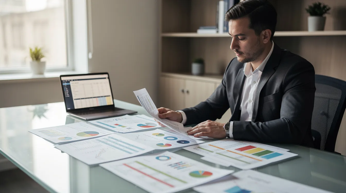 7105b7e7 a6da 4584 992a e3b4cdbff426 A person is sitting at a desk, intently reviewing financial documents and spreadsheets, which likely include details about cash flow, loan applications, and eligibility criteria for micro enterprises. The scene reflects the critical process of managing finances and preparing for potential loan approval to support business expansion and operations.