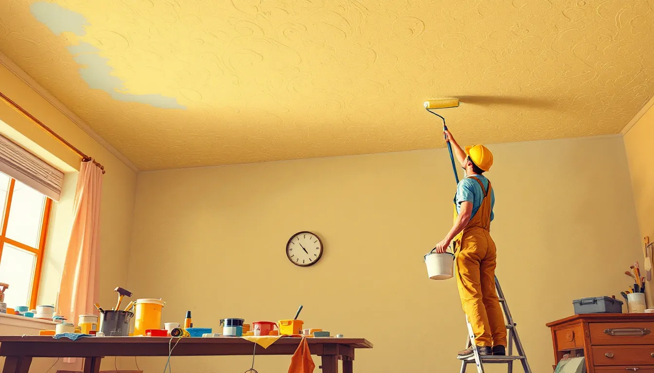Applying primer to an artex ceiling before plastering.