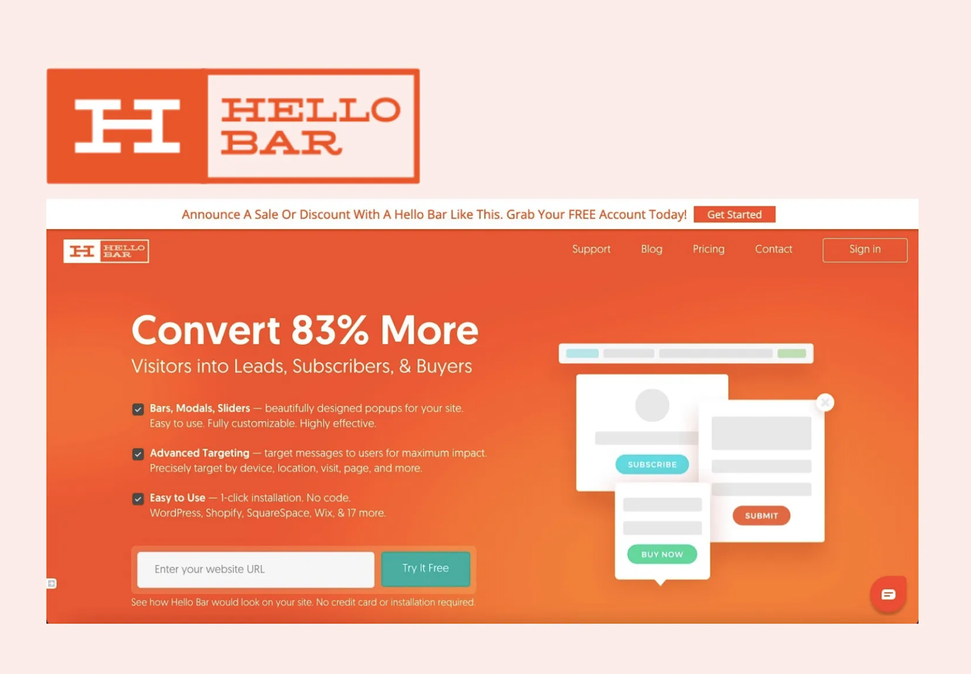 Hello Bar - an email capture pop up tool for e-commerce