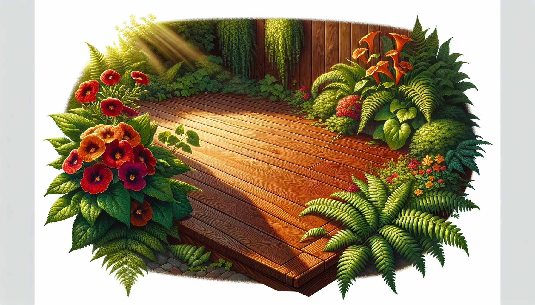 A beautifully stained wooden deck surrounded by lush greenery