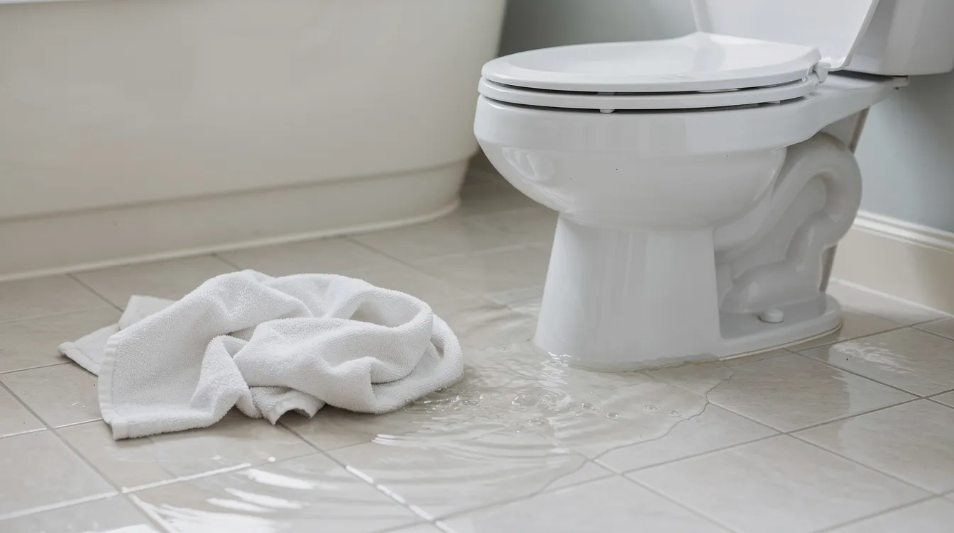 The image depicts a flooded bathroom floor with water pooling around the base of a toilet, while a towel is being used to contain the water, highlighting a potential plumbing issue that may require urgent repairs from a licensed professional plumber. This situation can lead to increased plumbing costs if not addressed promptly.