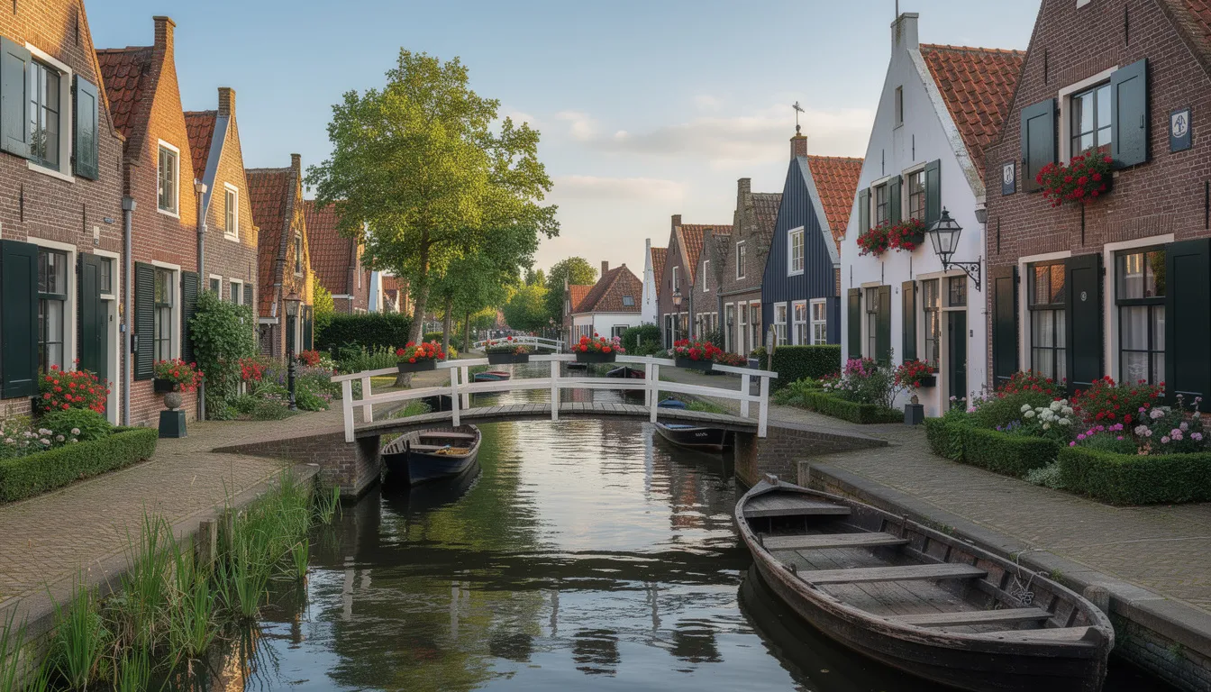 A imagem retrata a encantadora aldeia de Giethoorn, conhecida como a "Veneza dos Países Baixos", com casas tradicionais à beira-mar com telhados de colmo e pitorescas pontes de madeira que atravessam canais estreitos. Os visitantes podem explorar esta pacata aldeia holandesa de barco, desfrutando da beleza cénica e da atmosfera tranquila.