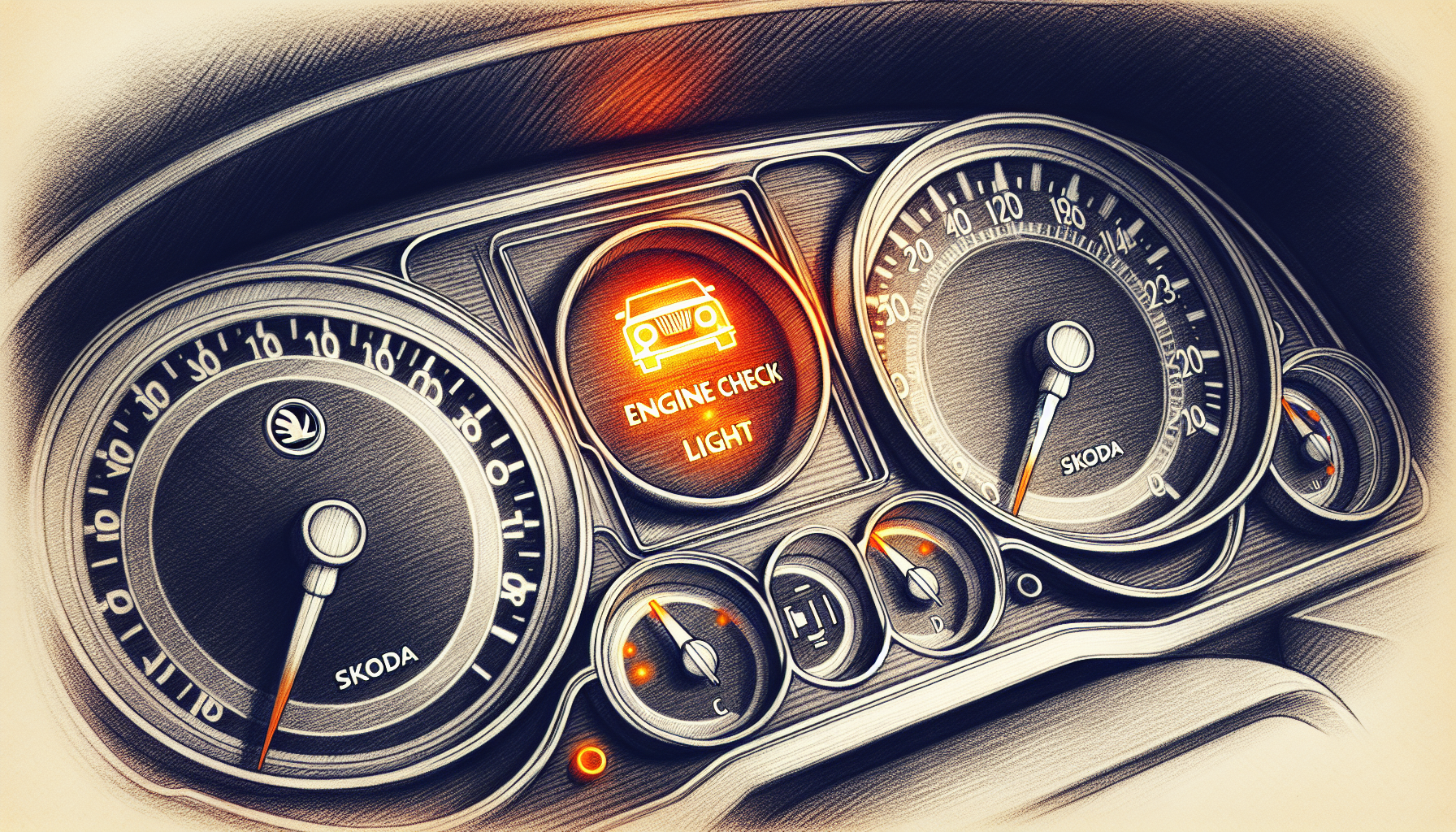 Sketch of an instrument cluster with illuminated engine control light on a Skoda vehicle