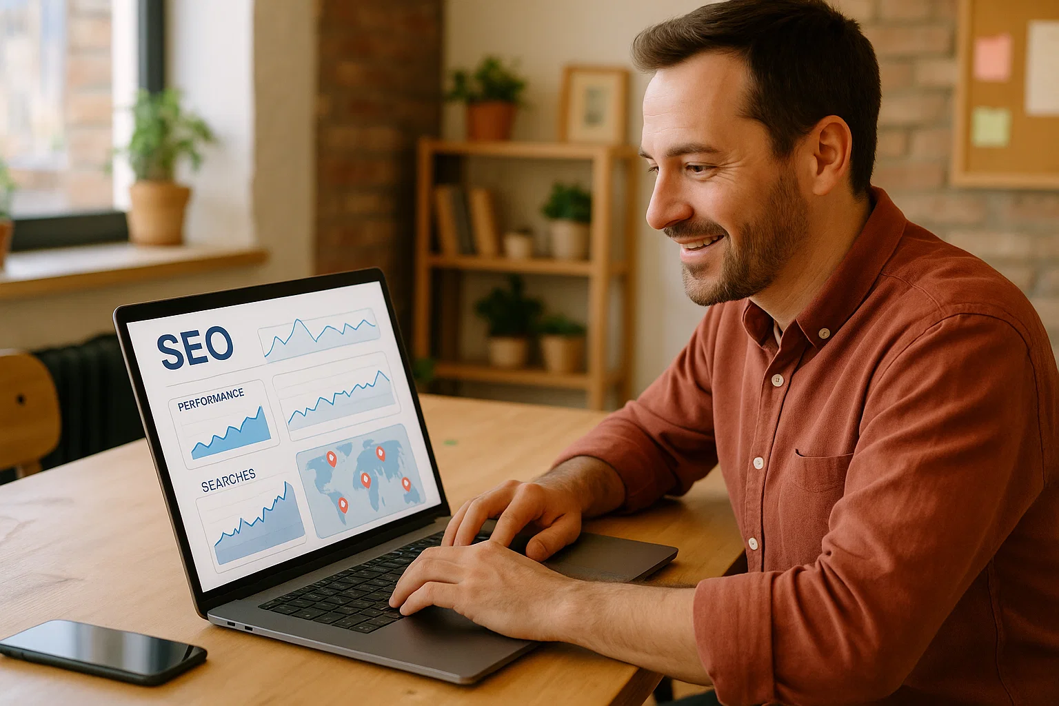 Business owner using SEO software to analyse local keywords and improve search engine rankings.