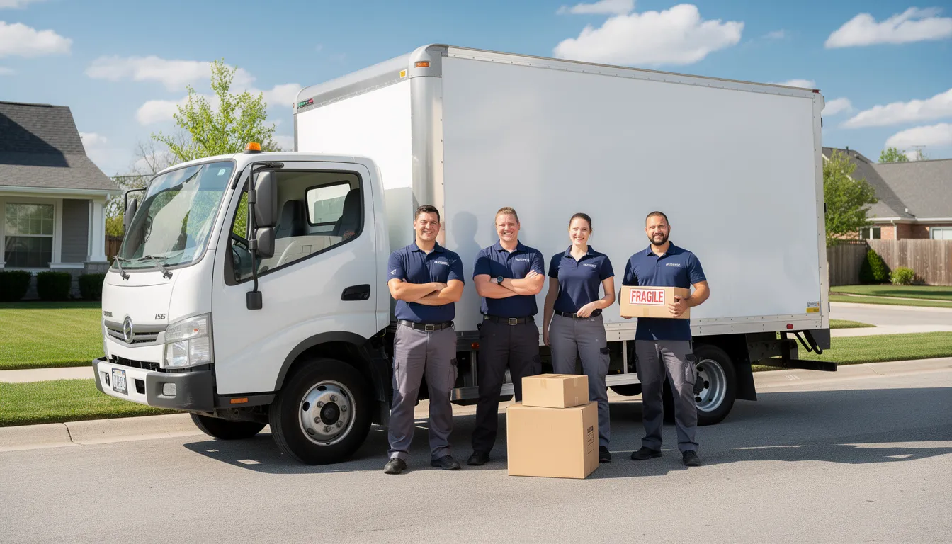 A friendly and professional moving crew stands beside a clean moving truck on a sunny day, showcasing their dedication to providing efficient packing and moving services. The uniformed team is ready to assist with the entire moving process, ensuring a stress-free experience for their customers.