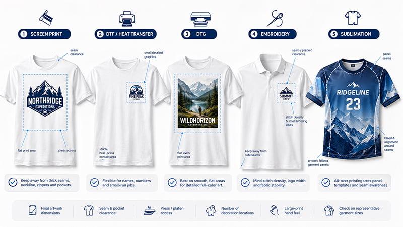Logo placement requirements for screen printing, DTF, DTG, embroidery and sublimation