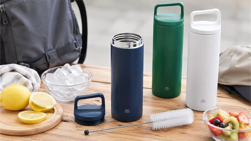 Wide-mouth insulated water bottles with removable lids for ice, fruit, easy filling, and cleaning