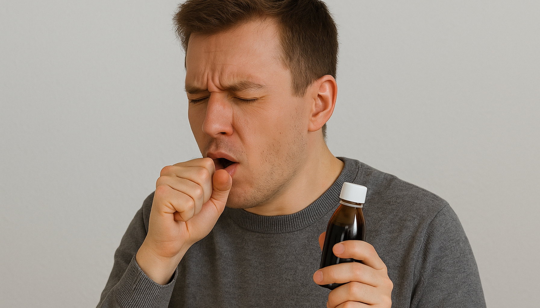 Mann med hosteanfall holder en flaske hostesaft og dekker munnen med hånden, ser ut til å ha ubehag i halsen.
