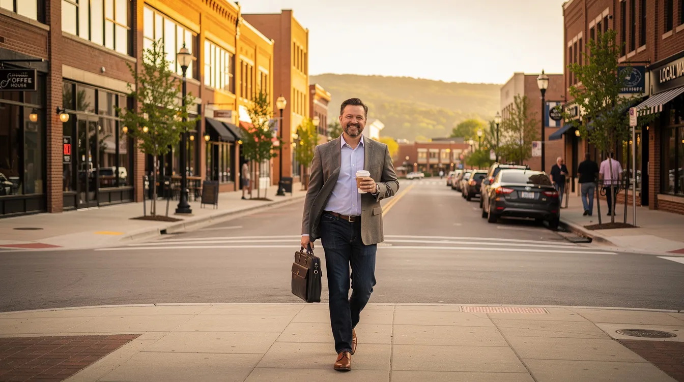 A business owner is walking through a modern downtown street in Northwest Arkansas, surrounded by contemporary architecture and bustling shops. This scene reflects the vibrant Fayetteville community, where professionals and financial advisors offer services like investment management and tax planning to help clients achieve their financial goals and secure their financial future.