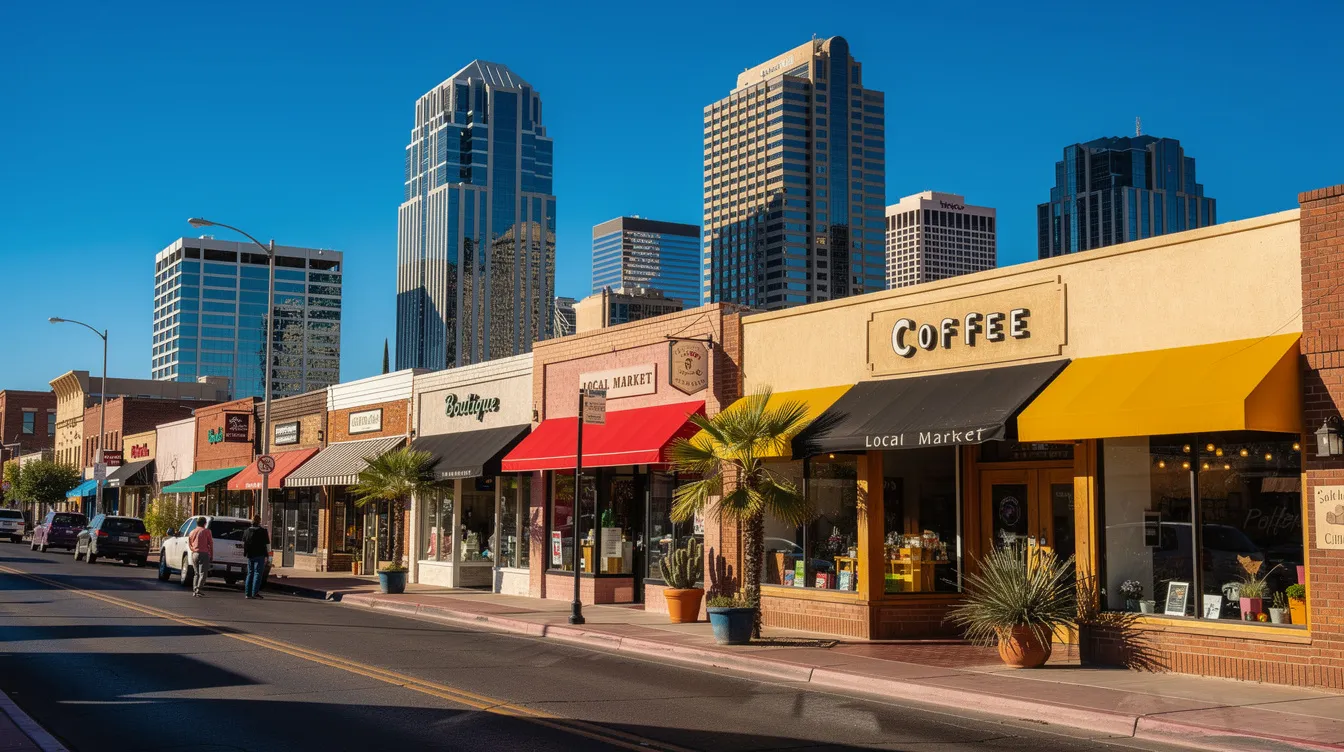The image depicts the vibrant downtown skyline of Phoenix, Arizona, with small business storefronts lining a sunny street, showcasing a mix of retail sales and professional services offered by many small business owners. The scene reflects the entrepreneurial spirit of Phoenix entrepreneurs, emphasizing the importance of proper documentation and tax compliance for managing business taxes and avoiding penalties.