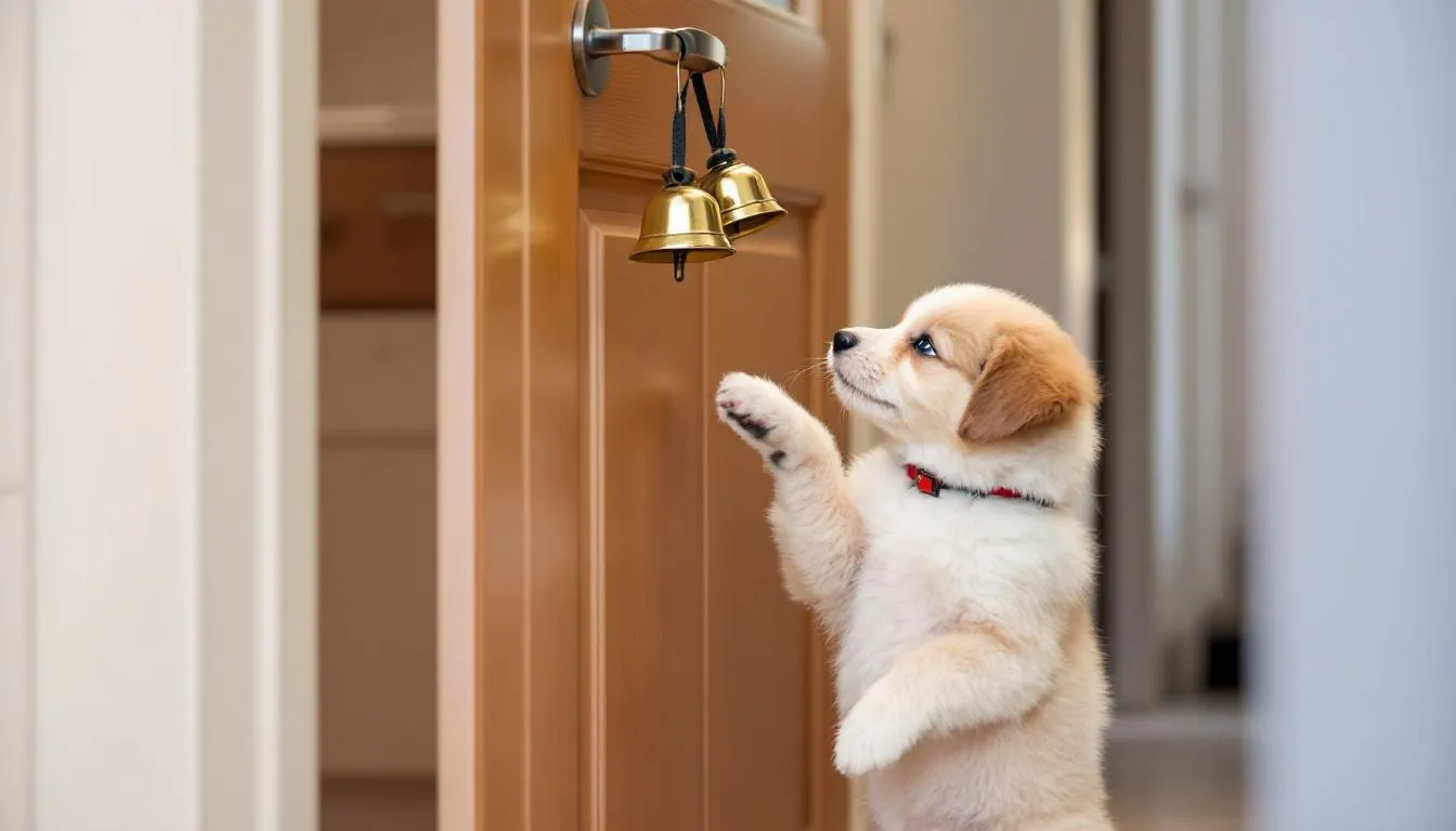 A young puppy is learning to ring bells that are hanging by a door, which is an effective tool for potty training and signaling when it needs to go outside for a potty break. This positive reinforcement method helps establish good habits and encourages the puppy to communicate its needs.