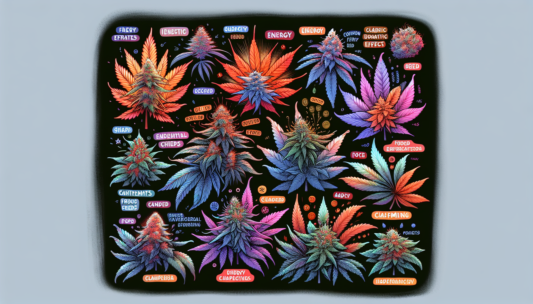 Various cannabis strains in colorful illustration