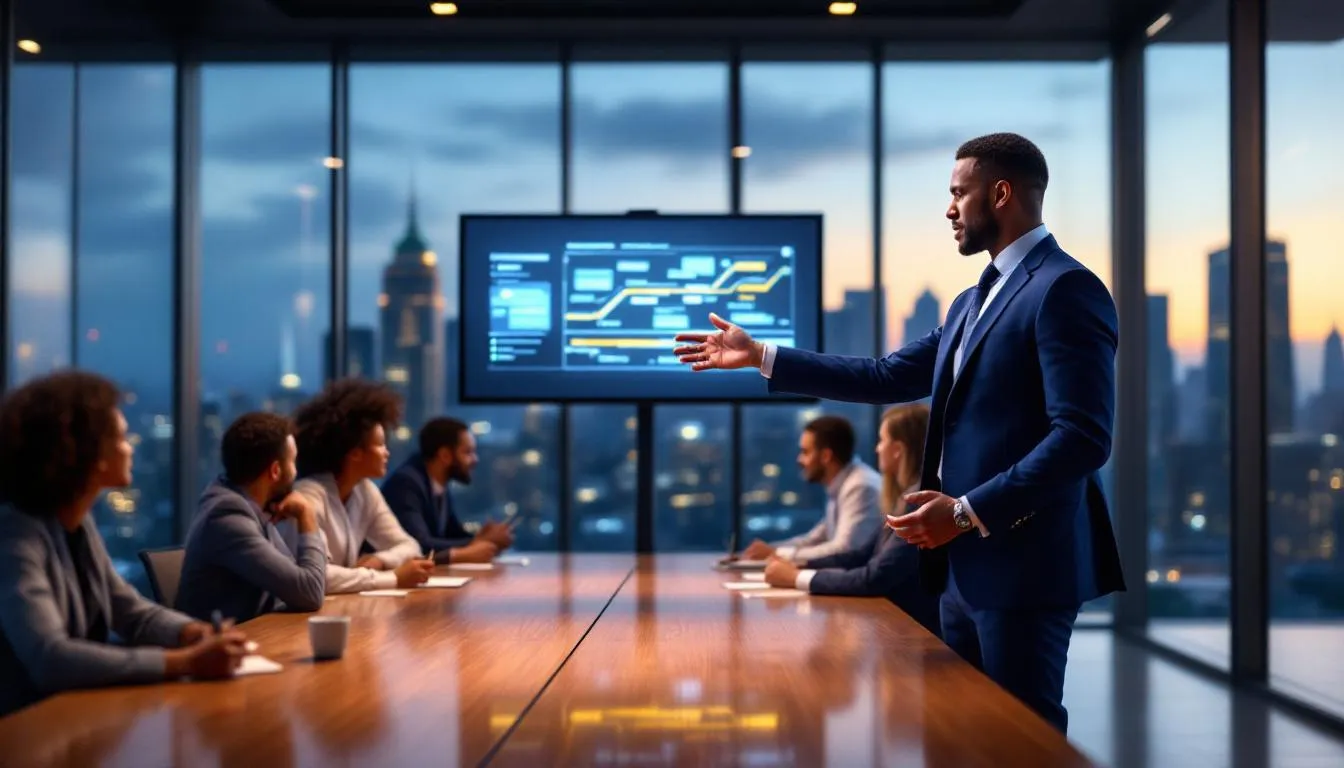 In a modern conference room, a professional business leader is presenting a change management strategy to a diverse team, emphasizing effective leadership and clear communication to navigate organizational change. The team members, representing various backgrounds, engage actively, highlighting the importance of collaboration and feedback in the change process.