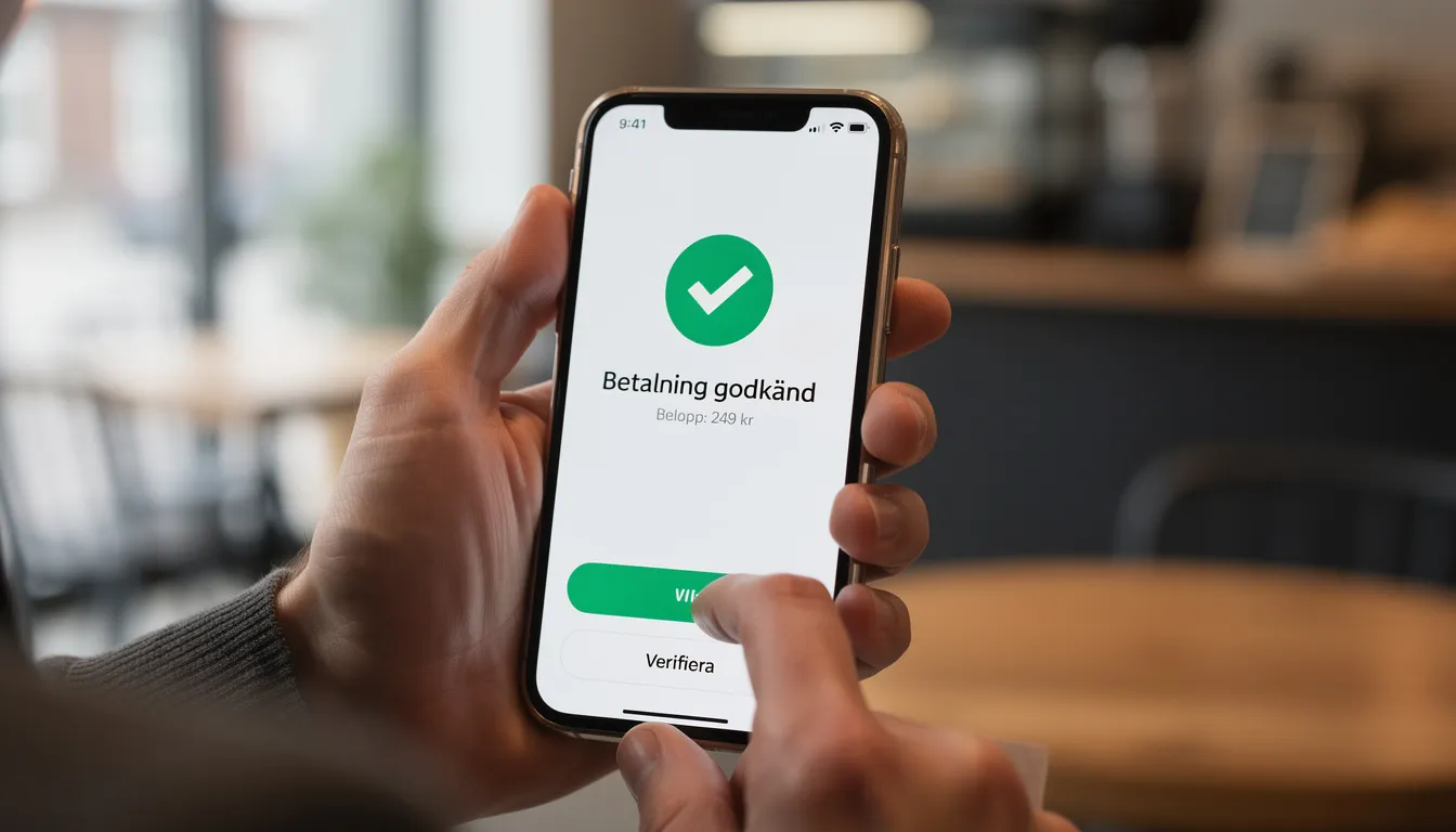 En person håller en smartphone i handen och verifierar en betalning, vilket kan vara relaterat till insättningar och uttag hos Flax Casino. Denna betalningsmetod kan inkludera alternativ som Swish och Trustly för en enkel registrering.