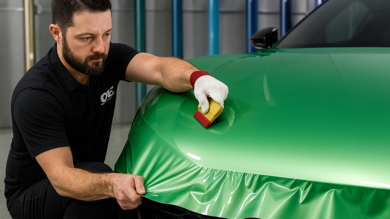 A mechanic is applying partial wrap on car