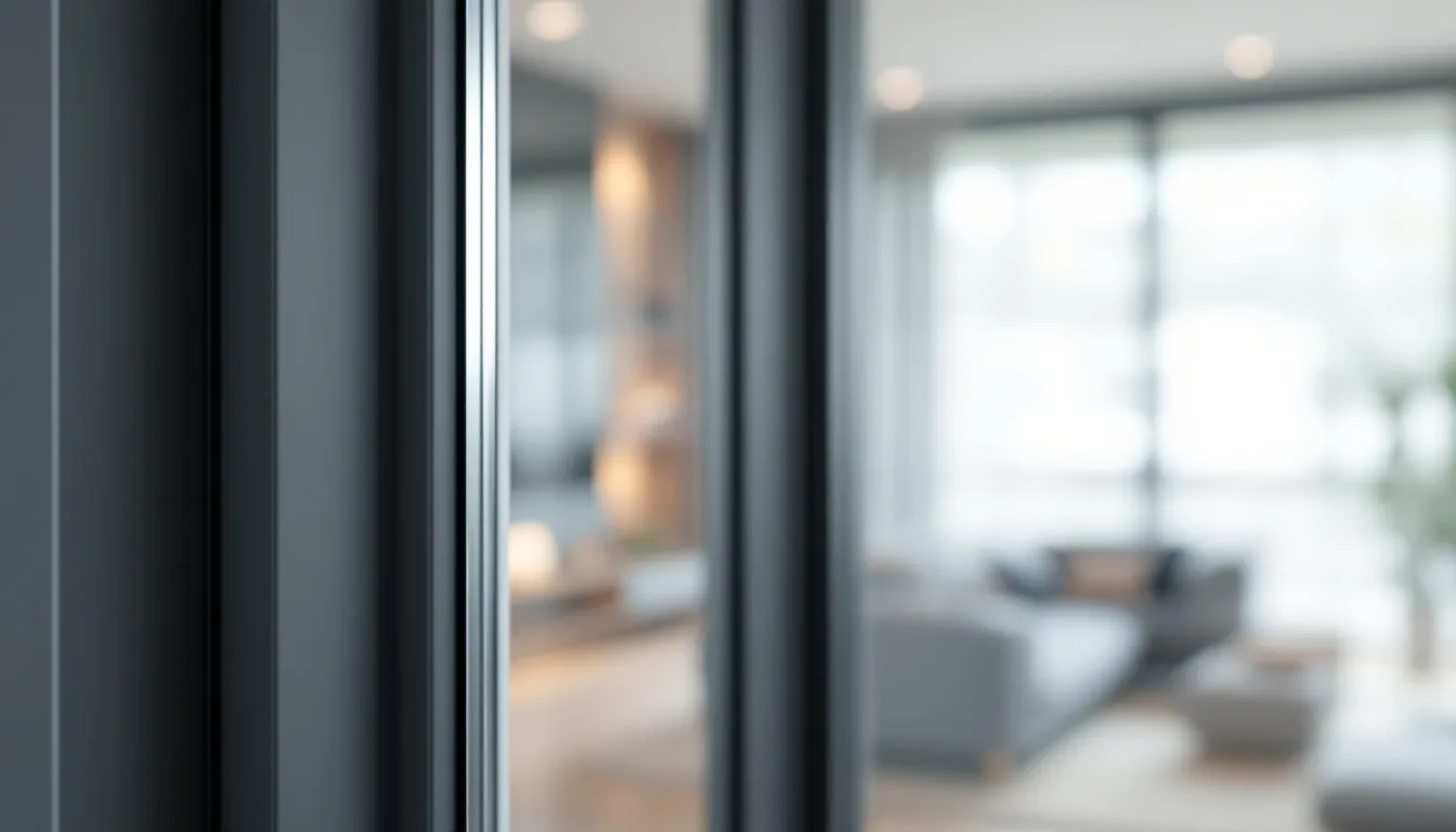 Close-up van een antraciet kunststof kozijn met moderne beglazing, dat een chique en industriële uitstraling biedt. De donkere kleur past perfect bij een witgeverfde buitengevel en benadrukt de hoogwaardige isolerende eigenschappen van het kozijn.