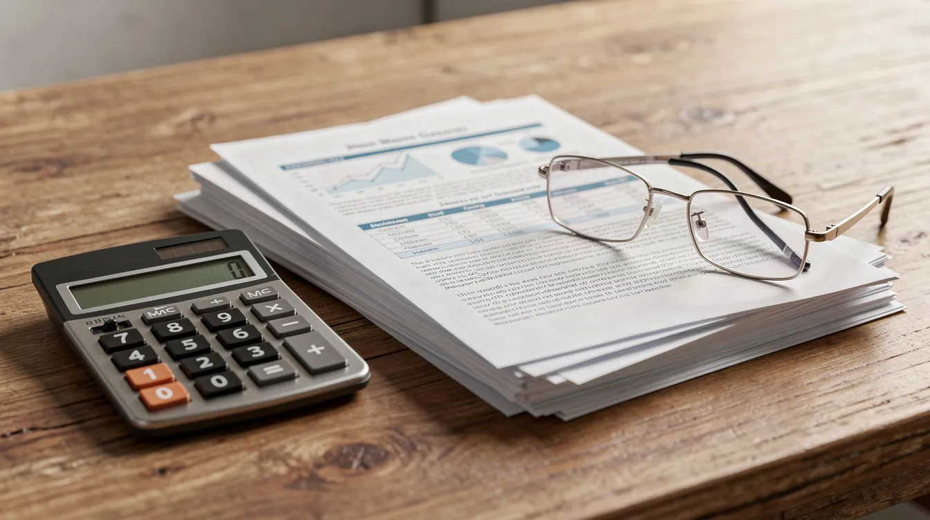 The image depicts a stack of business documents, a calculator, and reading glasses arranged neatly on a wooden desk, symbolizing the essential tools needed for managing finances and preparing loan applications for small businesses under schemes like the Pradhan Mantri Mudra Yojana. These documents may include bank statements, business registration forms, and proof of identity, which are crucial for accessing funds from micro finance institutions and regional rural banks.