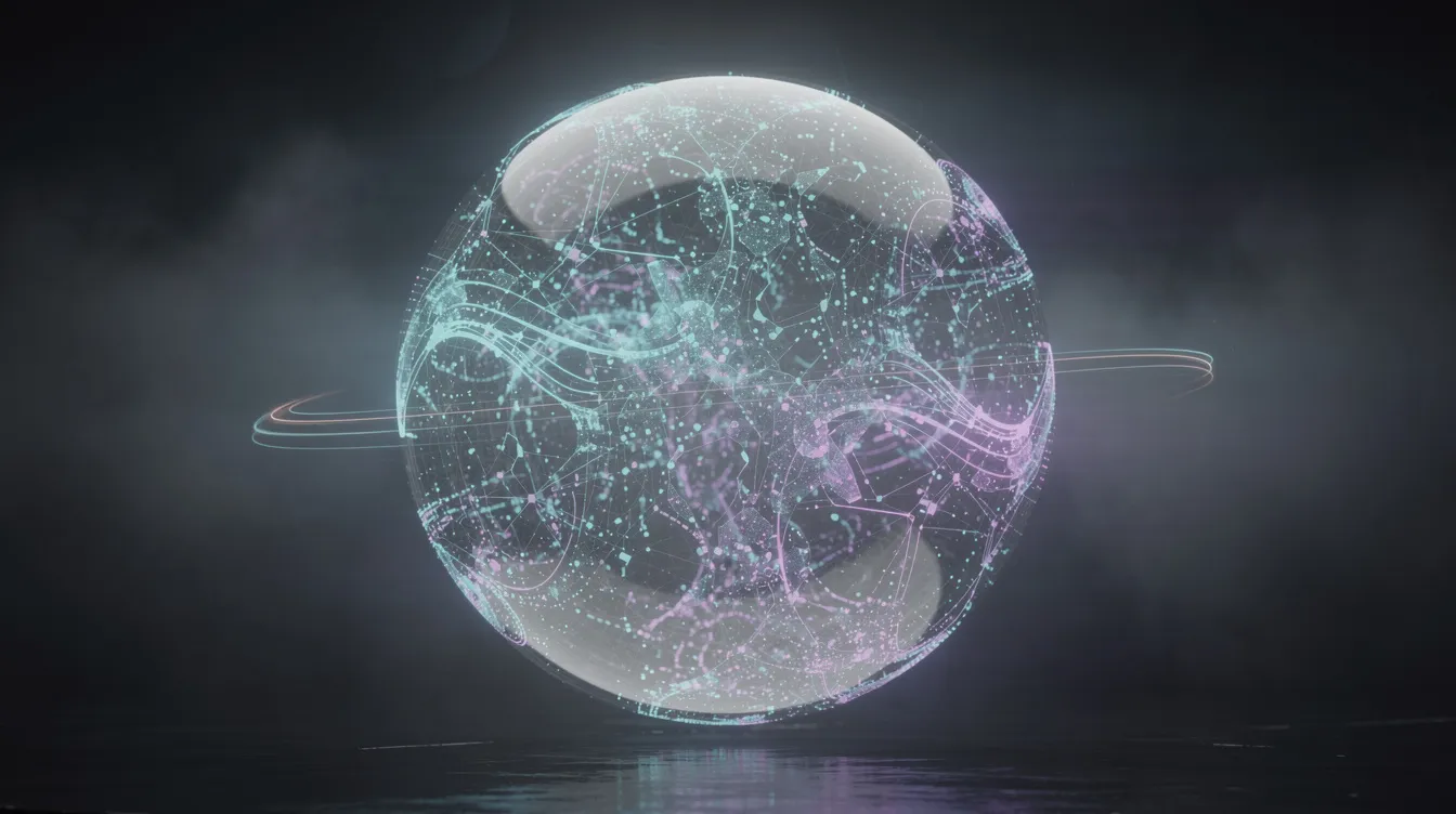 The image depicts an abstract glowing network of interconnected nodes within a translucent sphere, symbolizing a hidden internal workspace akin to a global workspace in human cognition. This representation evokes concepts of internal neural patterns and phenomenal consciousness, illustrating the intricate relationships within a model organism's cognitive framework.