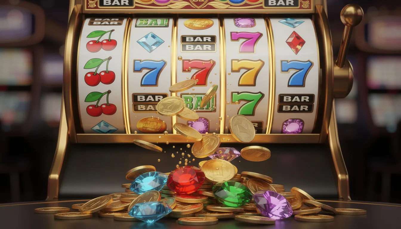 En färgglad spelautomat med snurrande hjul prydda med guldmynt och ädelstenar. Denna bild fångar känslan av spänning och underhållning som man kan uppleva i ett casino.