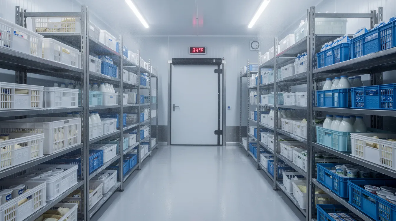 711c5d9e 8008 4fee 9c7f a78d6bd0535a The image depicts a refrigerated cold storage room filled with stacked crates of various dairy products on metal shelving, highlighting the importance of proper dairy processing and storage for maintaining quality and safety standards in the dairy business. This setup is essential for dairy farmers and entrepreneurs to manage inventory efficiently and meet rising consumer demand for high-quality dairy products.