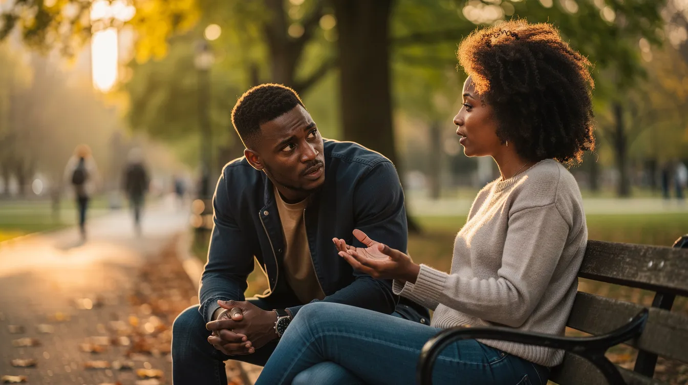 A black couple is seated on a park bench, engaged in a deep conversation, demonstrating effective communication through their body language and eye contact. They appear to be actively listening and expressing their feelings, showcasing the importance of empathy and connection in a healthy relationship.