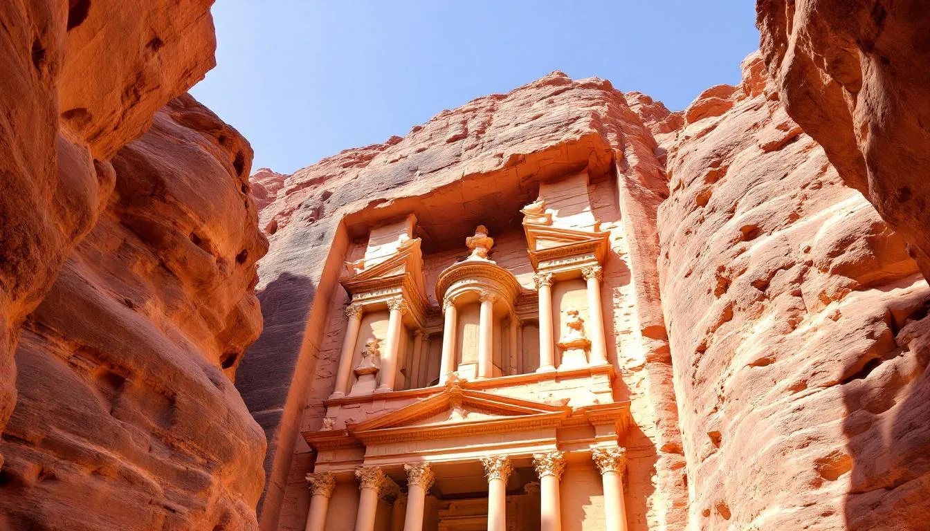 Al-Khazneh, also known as The Treasury, is a stunning ancient rock-cut structure located in the archaeological site of Petra, Jordan, recognized as a UNESCO World Heritage Site. Surrounded by towering cliffs, this iconic monument is often associated with adventure and history, making it a must-visit destination for travelers exploring the lost city of Petra.